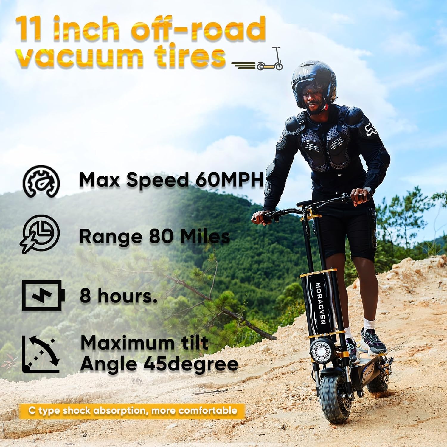 Adult Electric Scooter, 11-inch 6000W high Power Dual Drive Sports Scooter with seat, 7-inch LCD Display 60V40AH Range 80 Miles, Maximum Speed 60MPH, Off-Road Tires Electric Scooter.