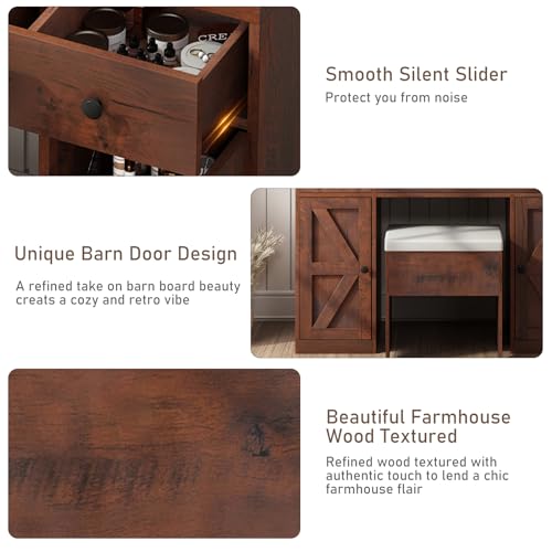 Farmhouse Vanity Desk w/Outlet & Stool, 11 Storage Shelves 3 Drawers 2 Big Cabinets, 43" White Vanity Table Make up Desk w/Mirror and Lights, Rustic LED Vanity Set for Women, Girls