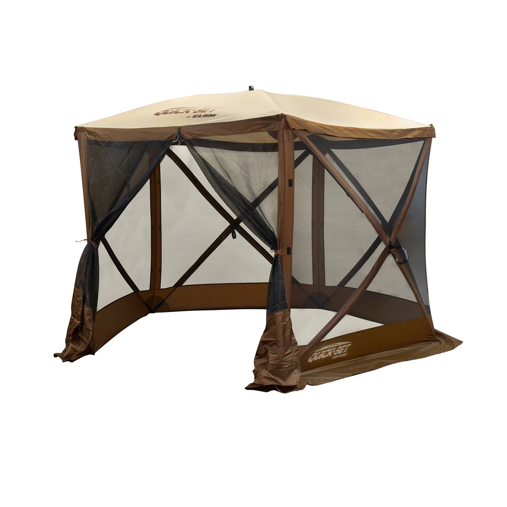 Clam PortableCanopy Shelter, Brown w/ Clam Quick Set Wind u0026 Sun Panels (6 Pack)