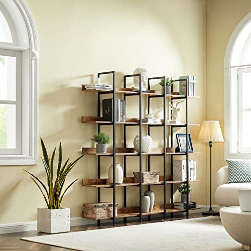 CALABASH Bookcases and Bookshelves Triple Wide 5 Tiers Industrial Bookshelf, Large Tall Bookcase Open Display Shelves with Metal Frame for Living Room Bedroom Library Home Office(Black)