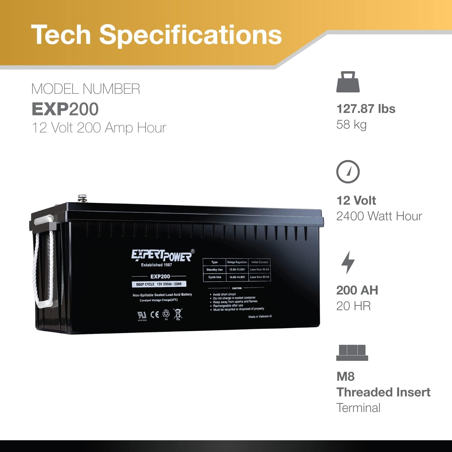 ExpertPower 12V200Ah Solar Wind Power Sealed Lead Acid Deep Cycle Battery