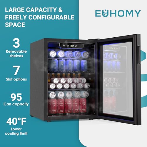 EUHOMY 100 Can Beverage Refrigerator cooler-Mini Fridge Glass Door for Beer Drinks Wines, Freestanding Beverage Fridge with Adjustable Shelves Blue LED for Home/Office/Dorm/Bar, 2.7 cu.ft