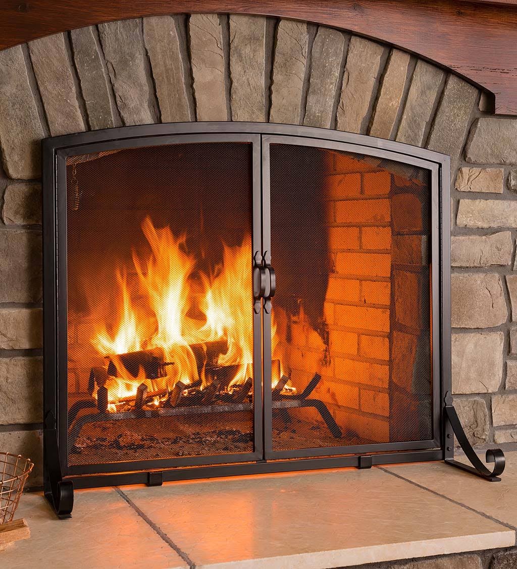 Arched Top Flat Guard Fireplace Screen with Doors, Large - Black