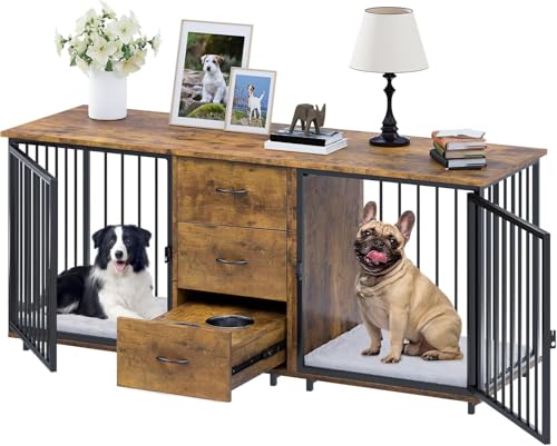 YITAHOME 74" Double Dog Crate Furniture with 2 Feeder Bowls, Wooden Dog Kennel TV Stand with Room Divider for 2 Large Medium Small Dogs, Walnut White