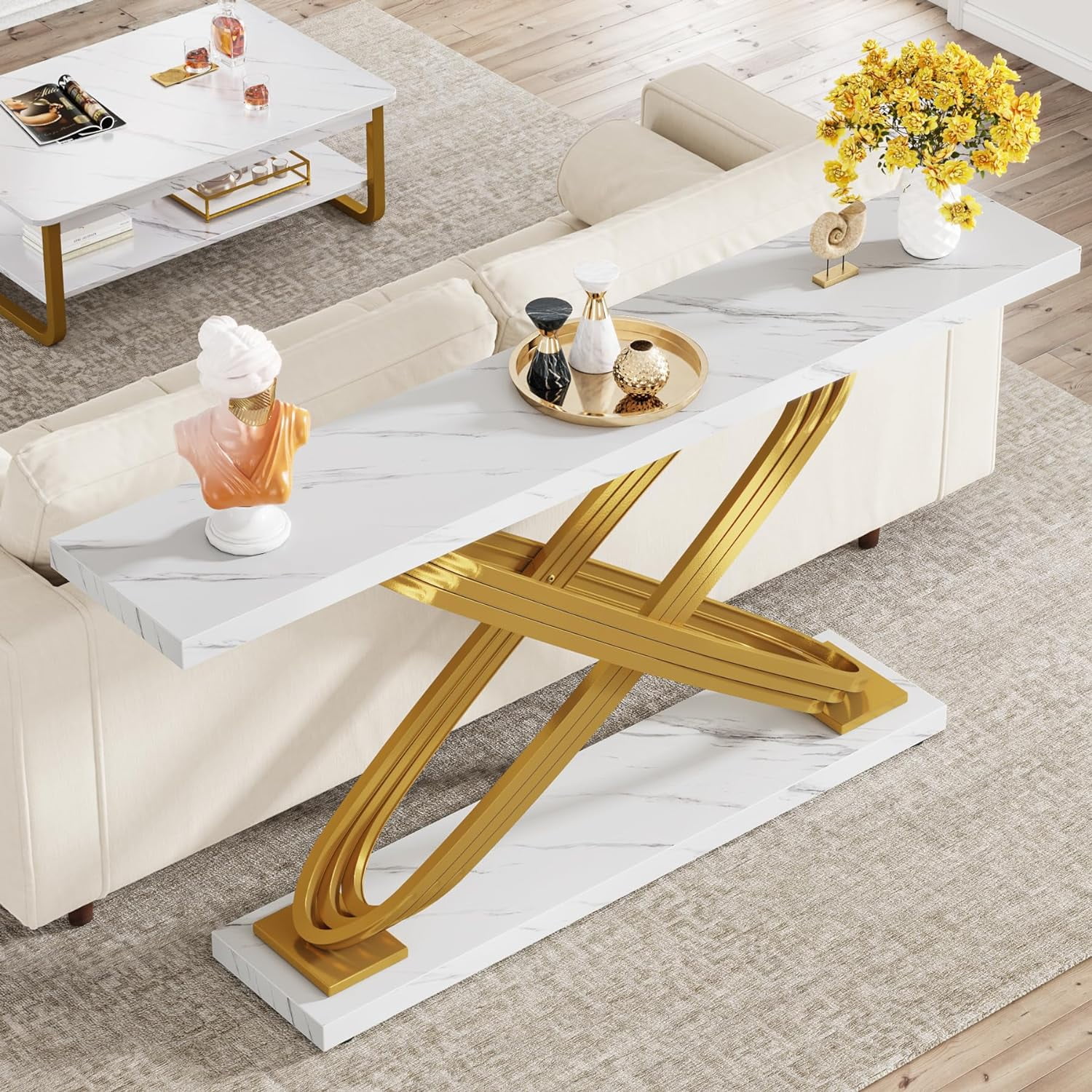 Tribesigns 55" Long Sofa Table, Modern Faux Marble Console Table Behind Sofa Couch for Entryway, Living Room, White & Gold
