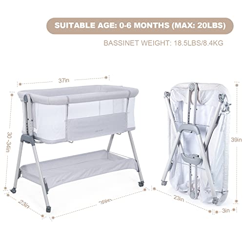 ANGELBLISS Baby Bassinet Bedside Sleeper, Easy Folding Portable Bassinet for Baby Girl with Wheels, Adjustable Height, Included Mattress (Pink)