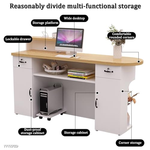 Reception Desk, Standing Front Desk Reception, Reception Counter Desk with LED Lights and Lockable Drawers, Retail Counter Table for Shops and Businesses(White R,51.1"x19.6"x41.3")