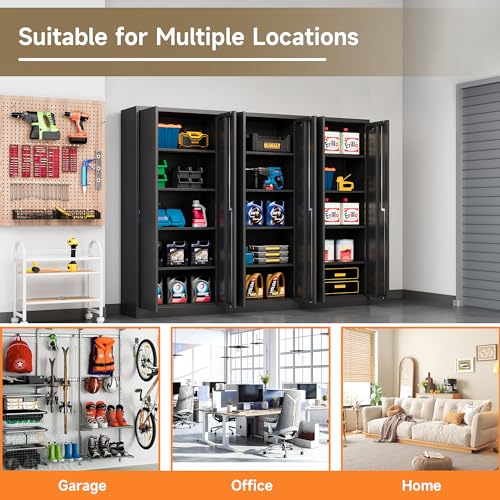 Metal Storage Cabinet with 2 Doors and 4 Adjustable Shelves,71”Lockable Cabinet,Tool Cabinet for Garage Storage, Utility Room,Home,Office,School (Black, 71 inch)