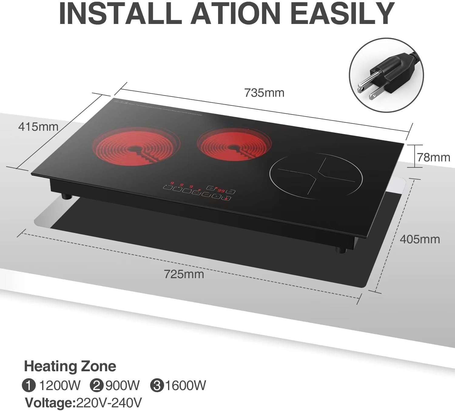 Electric Cooktop 3 Burners Induction Cooktop, ANHANE Built-in Electric Stove Top Plug in 3700W 15A 220V-240V,Touch Control, Over-Temperature Protection, Hard Wire Induction Cooktop
