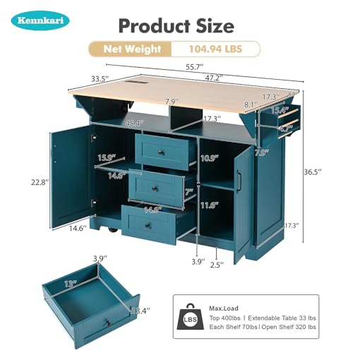 Rolling Kitchen Island with 2 Drop Leaf and Power Outlet, Island Table on Wheels with Towel Rack and Spice Rack, Kitchen Cart with Storage Cabinet and Drawers (White)