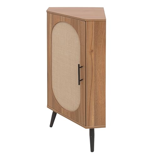 Boho Corner Storage Cabinet,Freestanding Bookcase with Rattan Doors & Adjustable Shelves, Corner Shelf Stand for Living Room, Bathroom, Bedroom,Natural