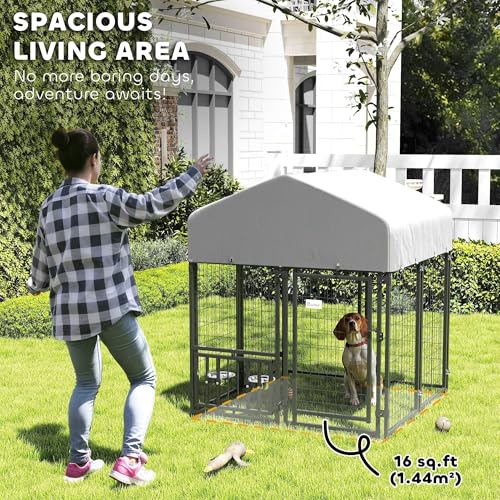 PawHut 4.6' x 4.6' x 5' Dog Kennel Outside, Welded Wire Outdoor Dog Kennel Run with Waterproof & UV Resistant Cover, for S&M Breeds, Chickens, Ducks, Black