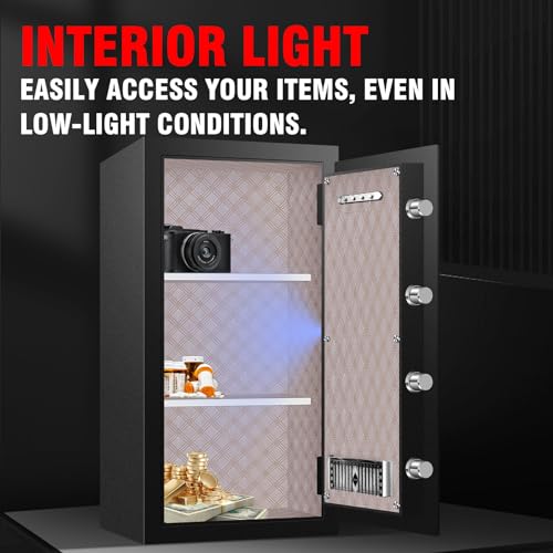 [True to Size] 6.1 Cub Large Home Safe Box Fireproof Waterproof with LCD Screen - Security Safety Box with Digital Keypad and Key Lock Removable Shelf, Sensor Light for Documents
