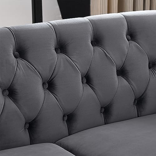 80" Grey Velvet Chesterfield Sofa for Living Room,2 Pcs 3 Seater Sofa Button Tufted Nailhead Trimming Curved Backrest Rolled Arms with Silver Metal Legs with 4 Pillows