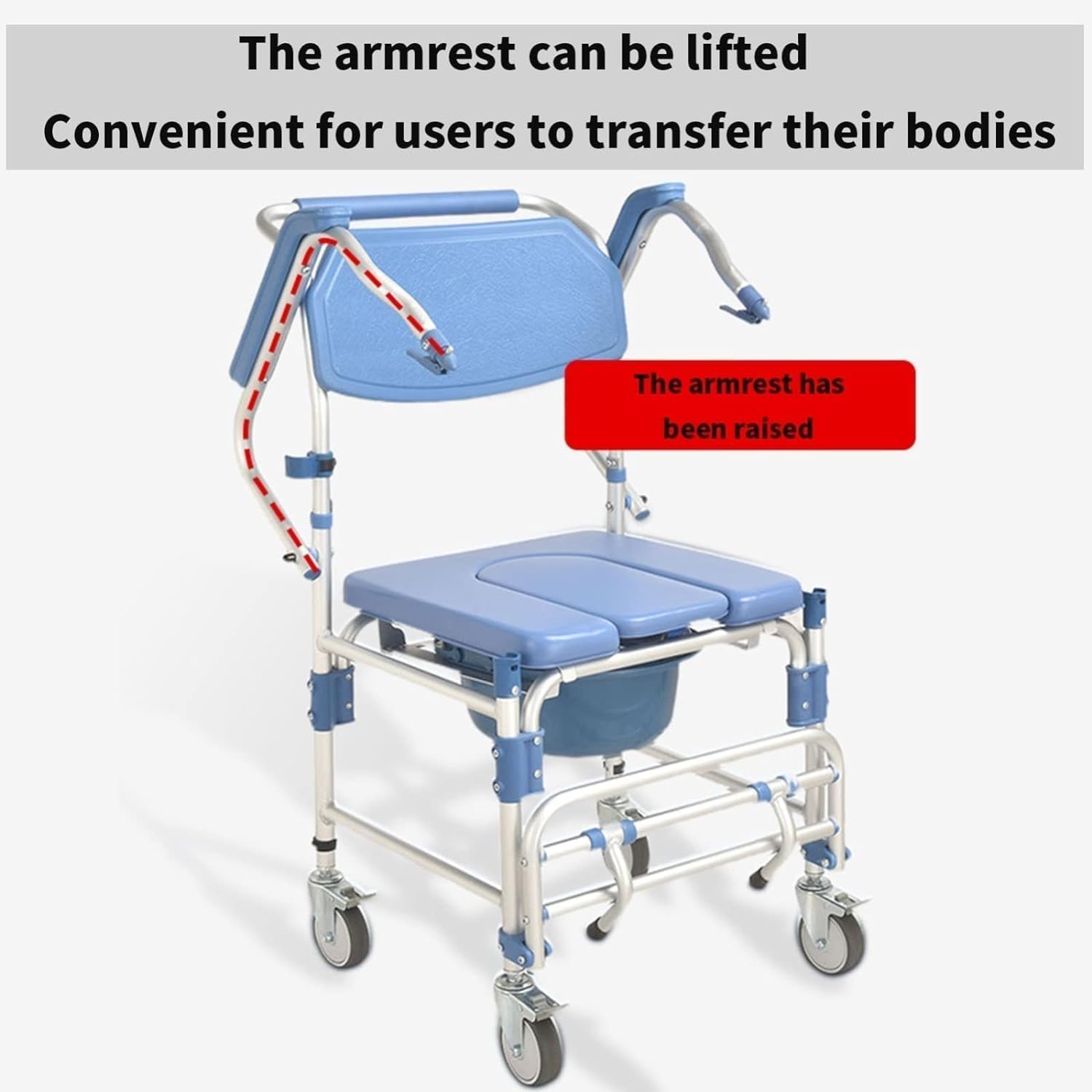 Commode Wheelchair - Portable Toilet Chair - Shower Chair with Wheels - with Padded Seat Movable Armrest Folding Pedal - Bedside Commodes for Easy Transfer of Seniors Disabled