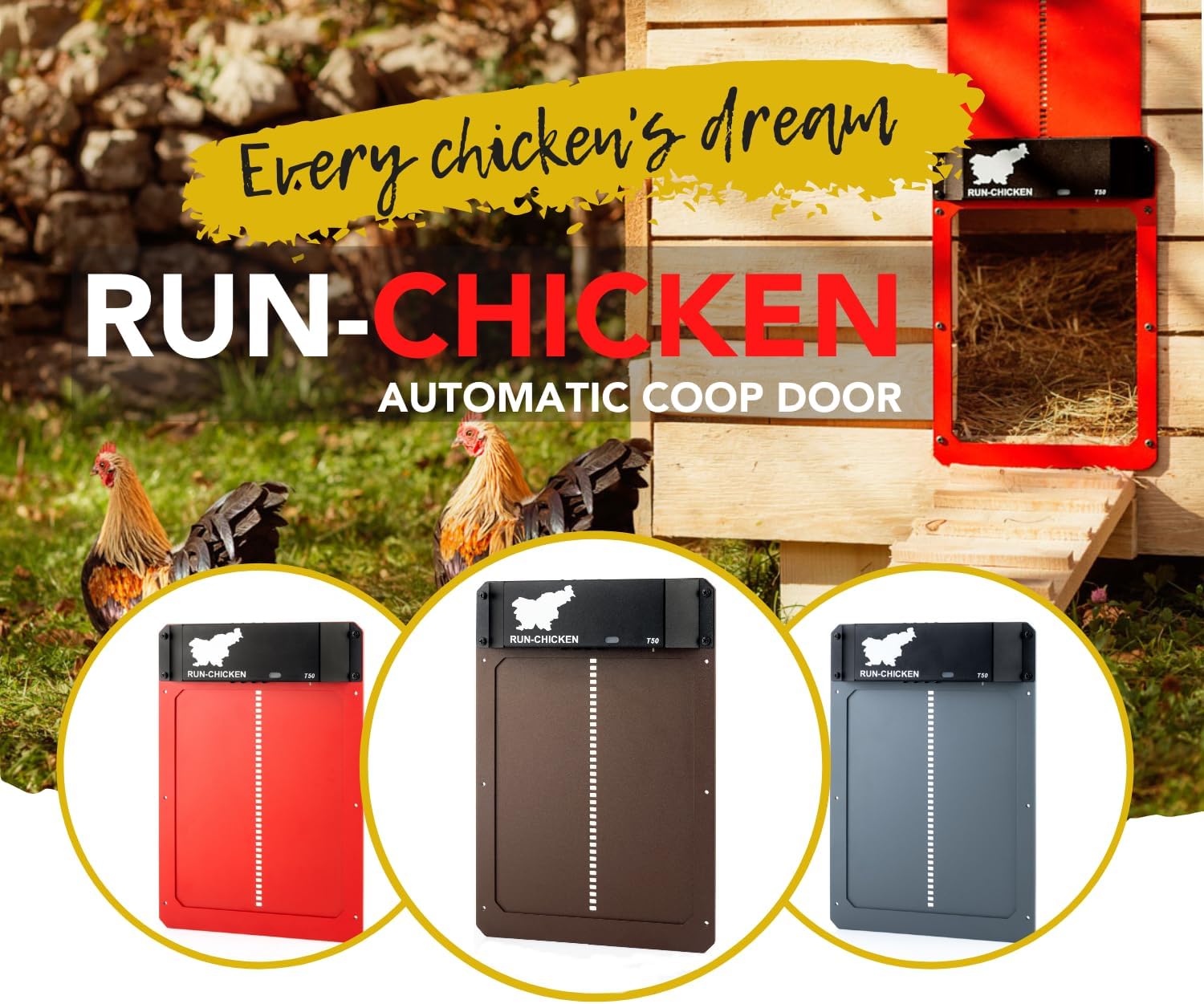 RUN-CHICKEN Door (Gray) Automatic Chicken Coop Door, Programmable with App, Battery Operated, Evening and Morning Delay, Aluminum Door, Electric Chicken Run Door, Model T50