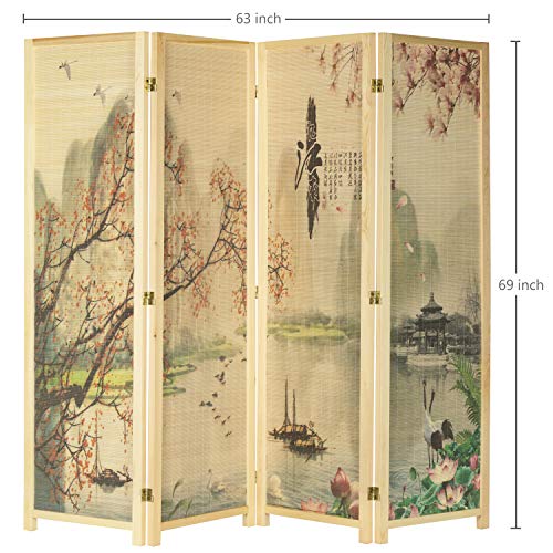 MyGift 4-Panel Folding Bamboo Room Divider Asian-Inspired Cherry Blossom Scene, 6 FT Freestanding Floral Artwork Room Partitioner with Beige Wood Frame