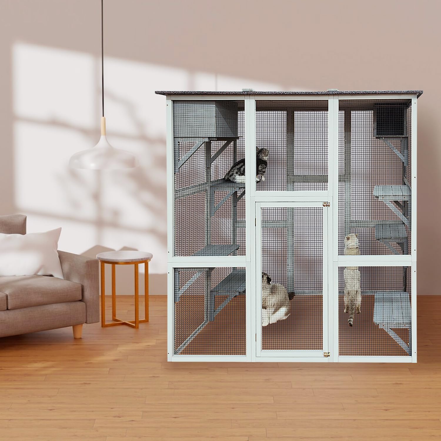 3-Tier Wooden Outdoor & Indoor Cat House Suitable for 1-3 Cats Cat Enclosure Resting Box with 4 Platforms and 2 doors Cat Shelter House with a Jump Box for Hiding and Resting Cat Cage 71"H-Gray
