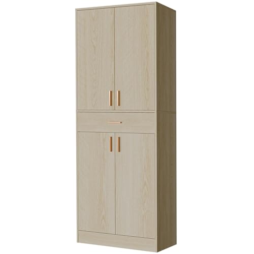 Cozy Castle Kitchen Pantry Storage Cabinet 71" Tall 4 Doors Wood Freestanding Cupboard with Sliding Drawer and 2 Adjustable Shelves for Dining Room Living Room, Laundry, Bathroom, Oak