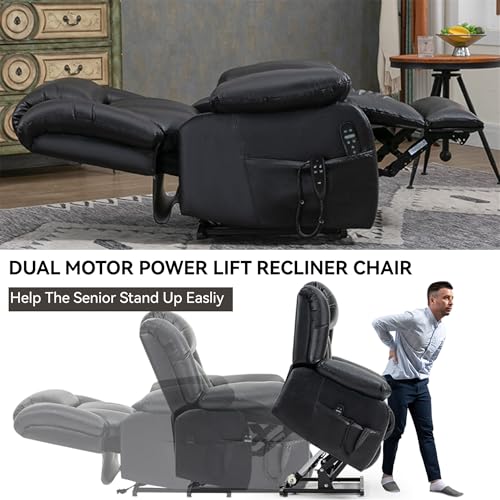 Dual Motor Infinite Position Electric Power Lift Recliner Chair with 8-Point Vibration Massage, Lumbar Heating, and Genuine Leather Upholstery - Supports Up to 350 LBS, Ideal for Elderly (Black)