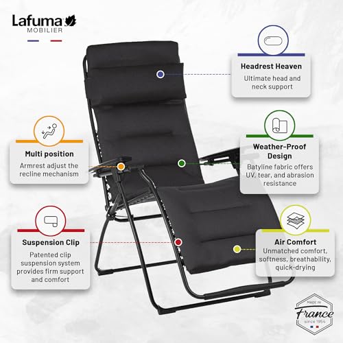 Lafuma Futura XL Air Comfort Zero Gravity Recliner (Acier Black) Extra Large Padded Folding Outdoor Reclining Chair