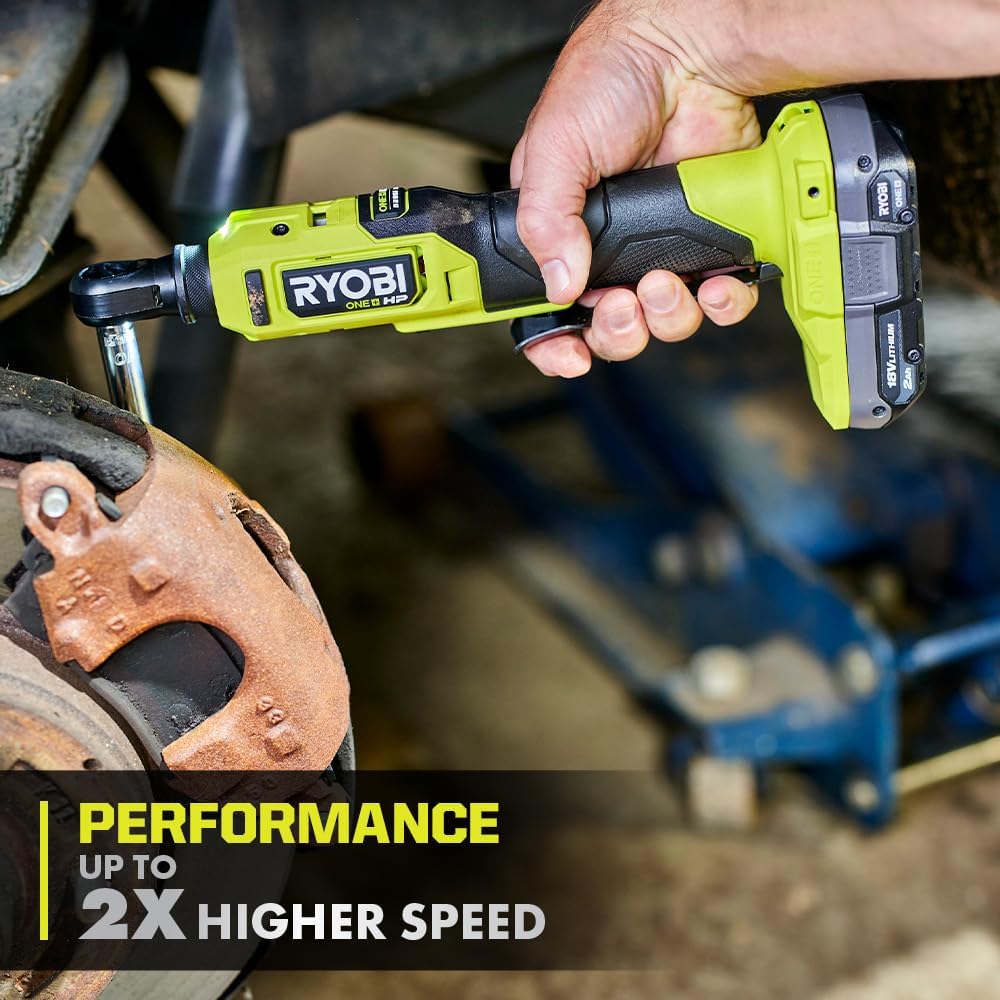 Ryobi One+ HP 18V 1/4" Brushless Cordless Compact Electric Ratchet Kit with 2.0Ah Lithium Battery and Charger, 4-Position Rotating Head, and Up to 460 RPM