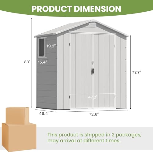 Greesum 6×8FT Plastic Outdoor Storage Shed with Floor, Resin Storaged Sheds with Lockable Double Door, Windows & Vents, All-Weather Tool Sheds for Garden, Backyard, Patio, Light Gray