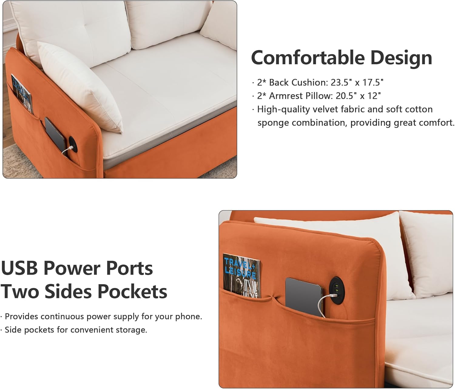 CALABASH 53" Loveseat Sleeper Sofa Bed, 3-in-1 Convertible Pull Out Bed, Velvet Sleeper Bed with USB Ports and Side Pockets, Small 2 Seater Sofa Bed for Apartment Small Spaces