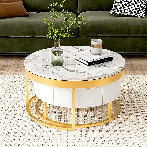 Modern Round Lift-top Nesting Coffee Tables with 2 Drawers for Living Room White & Natural