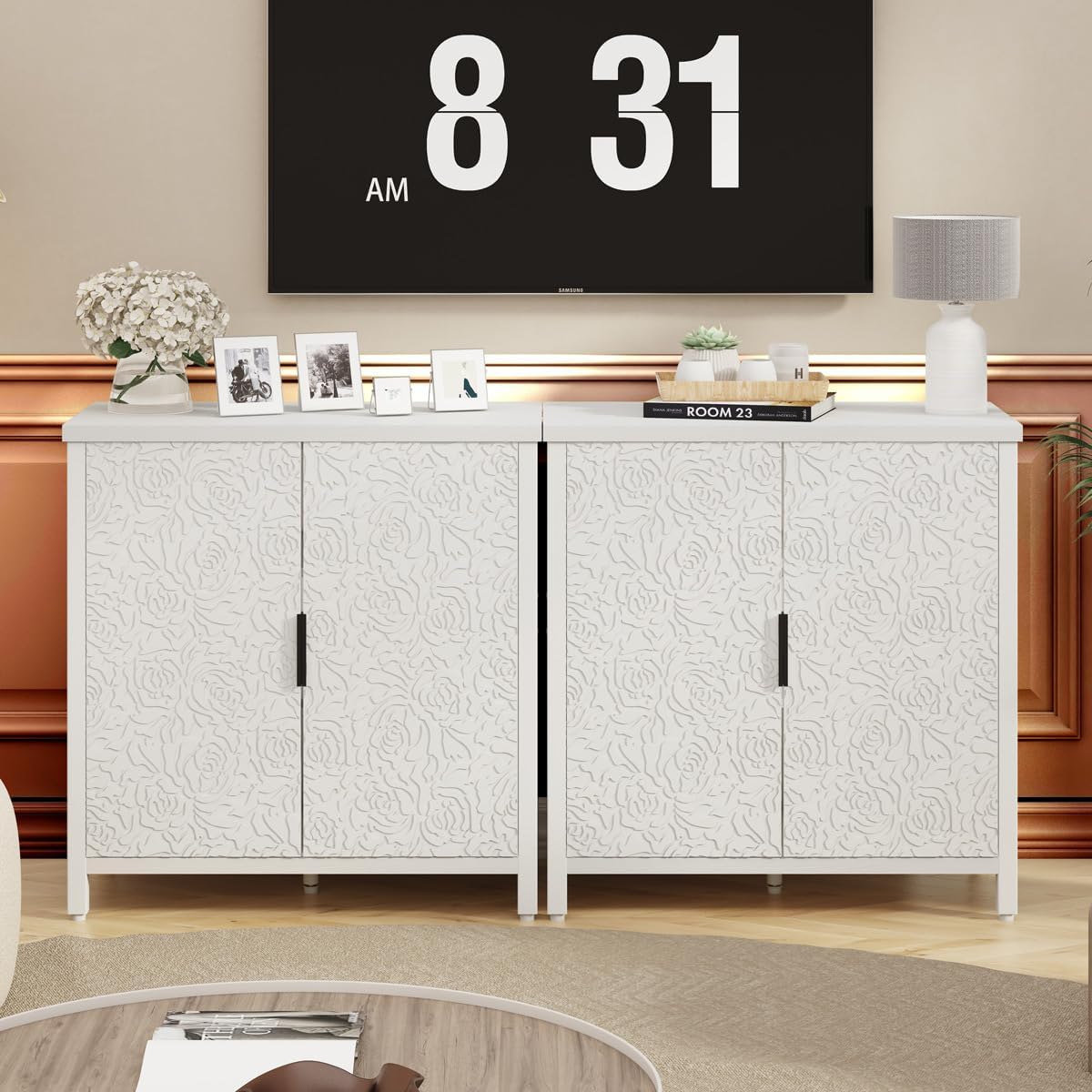 BON AUGURE Buffet Cabinet with Storage, Kitchen Sideboard Storage Cabinet with Doors and Shelves, Wood Credenza Coffee Bar Cabinet for Home, Modern Accent Cabinet for Entryway (White Floral)