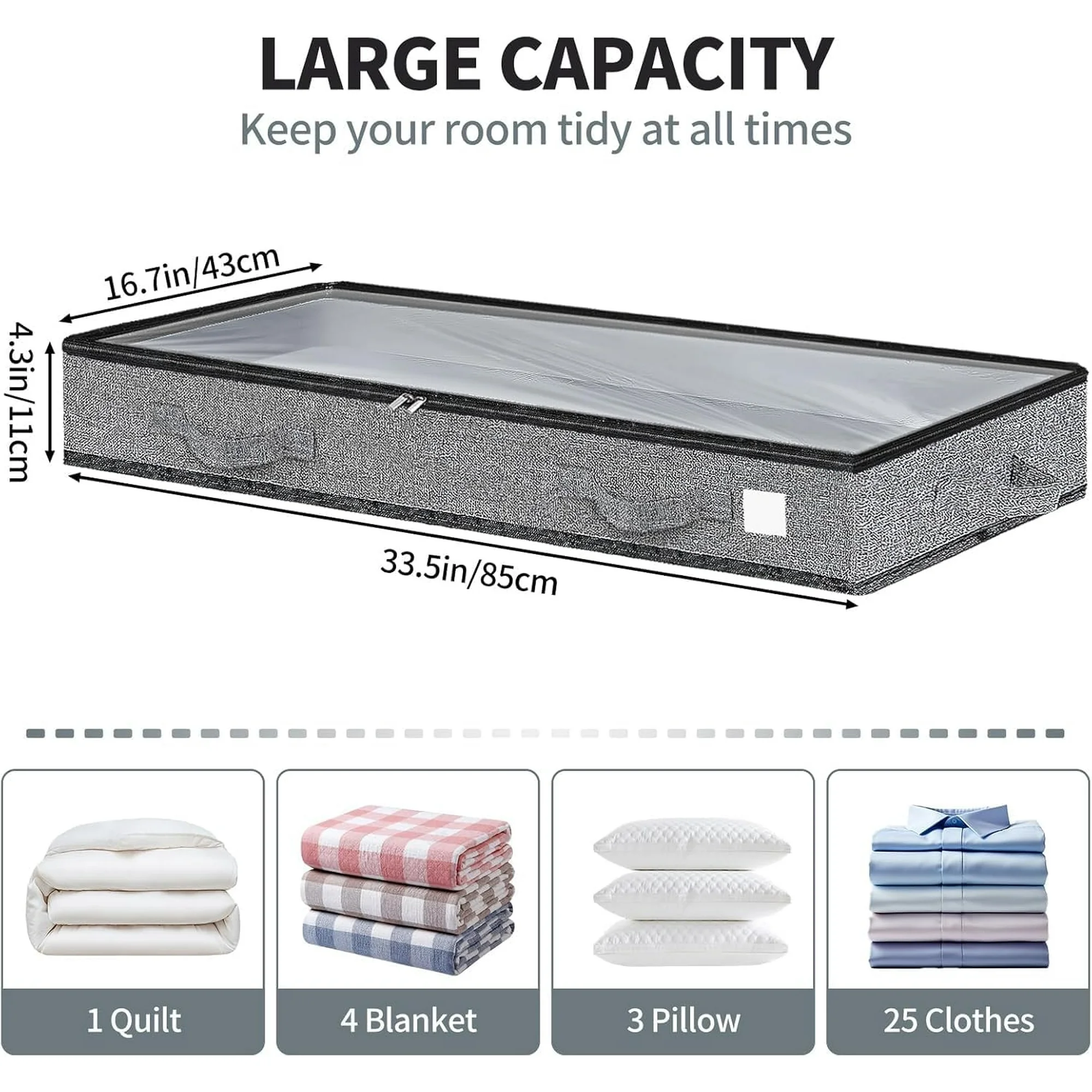 5Pack under bed storage Transparent plastic visual window containers Below bins 4.5 Inches Low Profile Under Organizer Clothes bag with Sturdy Sidewalls and Bottom