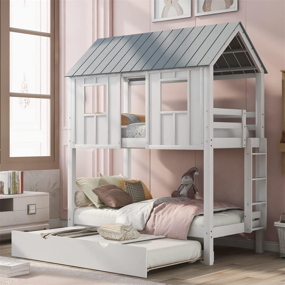 TRIPLE TREE Wood House Bunk Bed with Trundle, Twin Over Twin Bunk Bed with Full-Length Guardrails and A Ladder for Child Girls and Boys, Playhouse Bed with Roof, Windows and Solid Slat Support, White