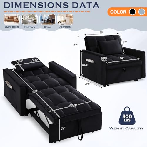 Sleeper Chair Bed,3 in 1 Convertible Sleeper Sofa,Velvet Tufted Upholstered Single Sofa Bed with Adjustable Backrest,Pull Out Recliner Lounger Bed for Living Room,Office,Apartment,Small Space(Grey)
