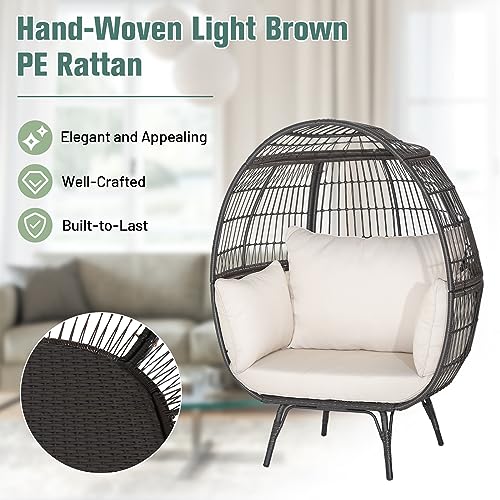 Oversized Egg Chair, Wicker Patio Basket Circle Lounge Chair w/Metal Stand & 4 Thick Cushions, PE Rattan Egg Lounger Outdoor Indoor for Backyard, Balcony, Living Room (Light Brown)