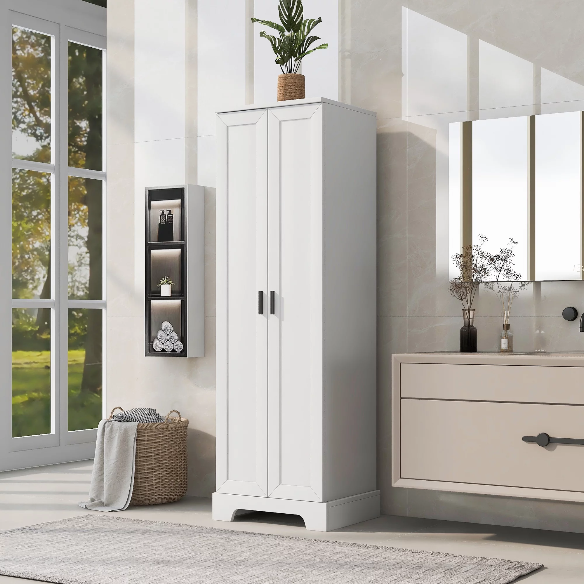 Bellemave Wooden Storage Cabinet with Adjustable Shelves Freestanding Tall Storage Cabinet for Bathroom, Kitchen, Living Room Water Proof Floor Cabinet for Home Office, White