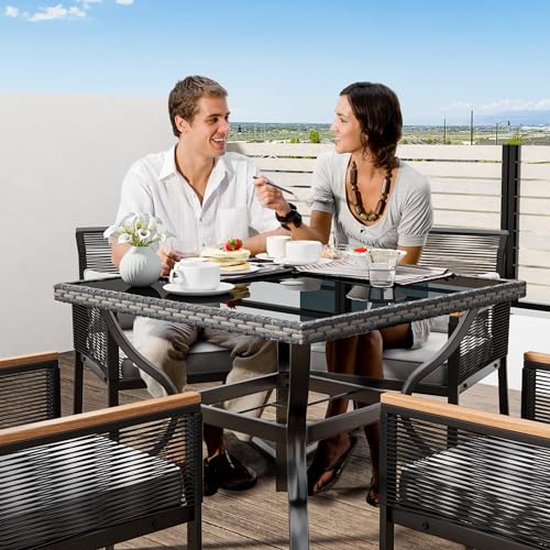 YITAHOME Patio Dining Chairs Set of 4, Outdoor Wicker Furniture Dining Chairs, All-Weather Rattan Conversation Chairs with Wood Armrest and Soft Cushions for Backyard Deck (Black+Light Gray)