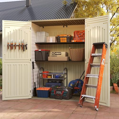 Vertical Resin Storage Shed, 60 Cuft Garden Tool Sheds & Outdoor Storage, Plastic Outdoor Storage Cabinet Waterproof, 4.5 x 2.3 ft Backyard Outside Lawn Mower Storage Shed, White