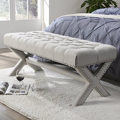 Inspired Home Dark Grey Velvet Bench – Design: Louis | Modern X-legs | Tufted | Contemporary | Nailhead Trim Finish