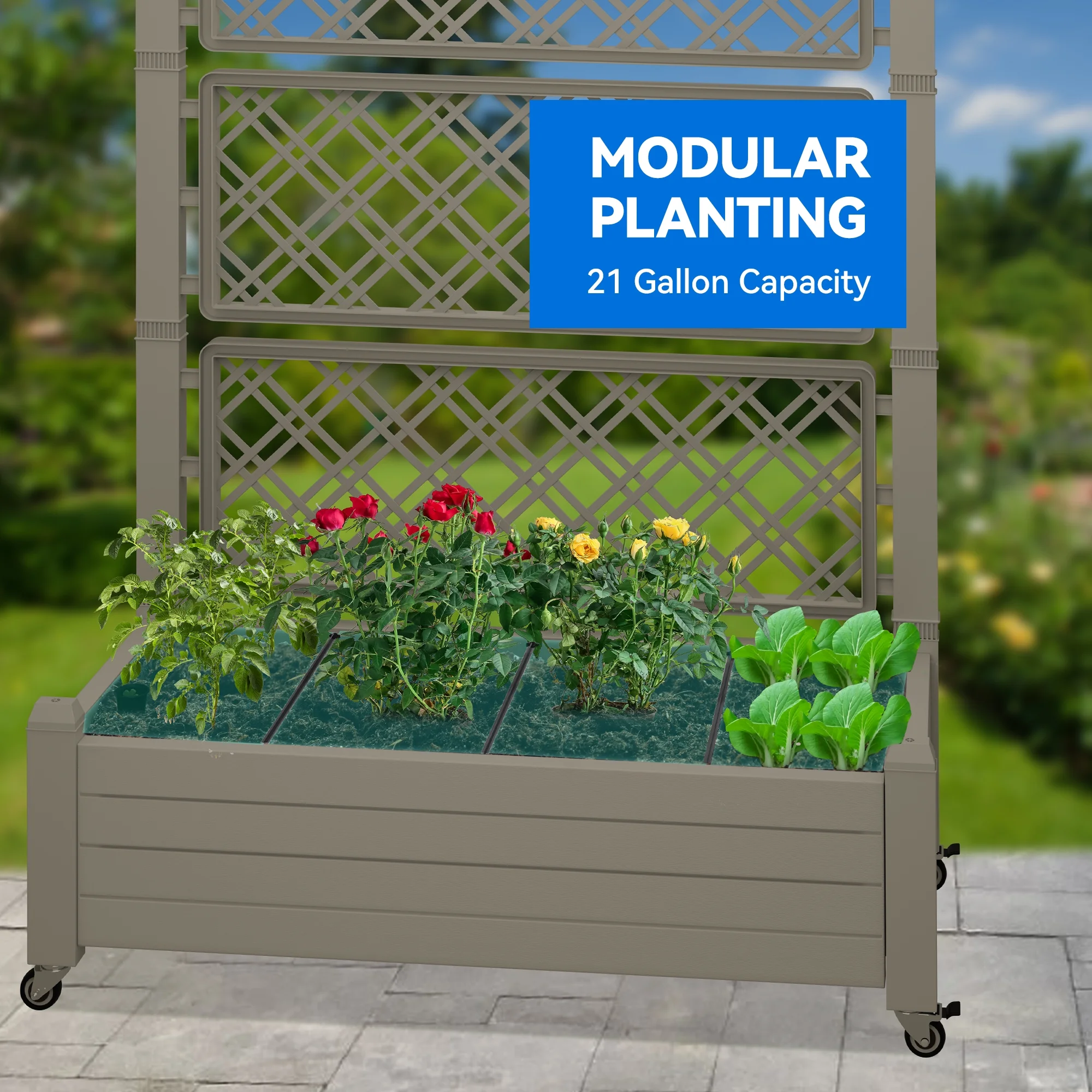 Dextrus 61'' Large Planter Box; Outdoor Raised Garden Bed with Trellis and Lockable Wheels,Ideal for Vines and Climbing Plants,with Drain Plug,43.3"L x 17.7"W x 61"H - Light Brown