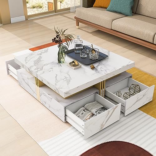 Modern Round Lift-top Nesting Coffee Tables with 2 Drawers for Living Room White & Natural