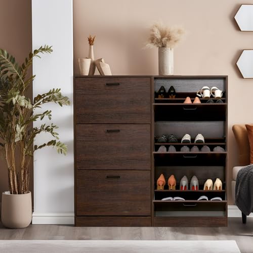 Farmhouse Shoe Cabinet, 2 Flip Drawers & Top Fence, Suitable for Entryways, Free-Standing Storage Shelves with Metal Legs, Narrow Shoe Organizer for Heels, Boots, Slippers, Walnut Brown