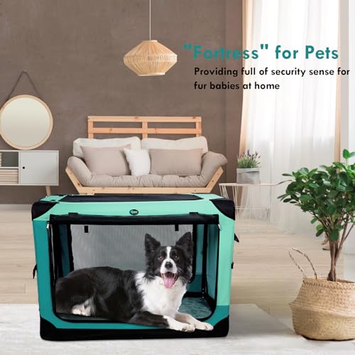 Ownpets Collapsible Dog Crate, 42 inch Portable Travel Dog Crate for Large Dogs, 4-Door Foldable Pet Kennel with Durable Mesh Windows & Double-Sided Soft Mat