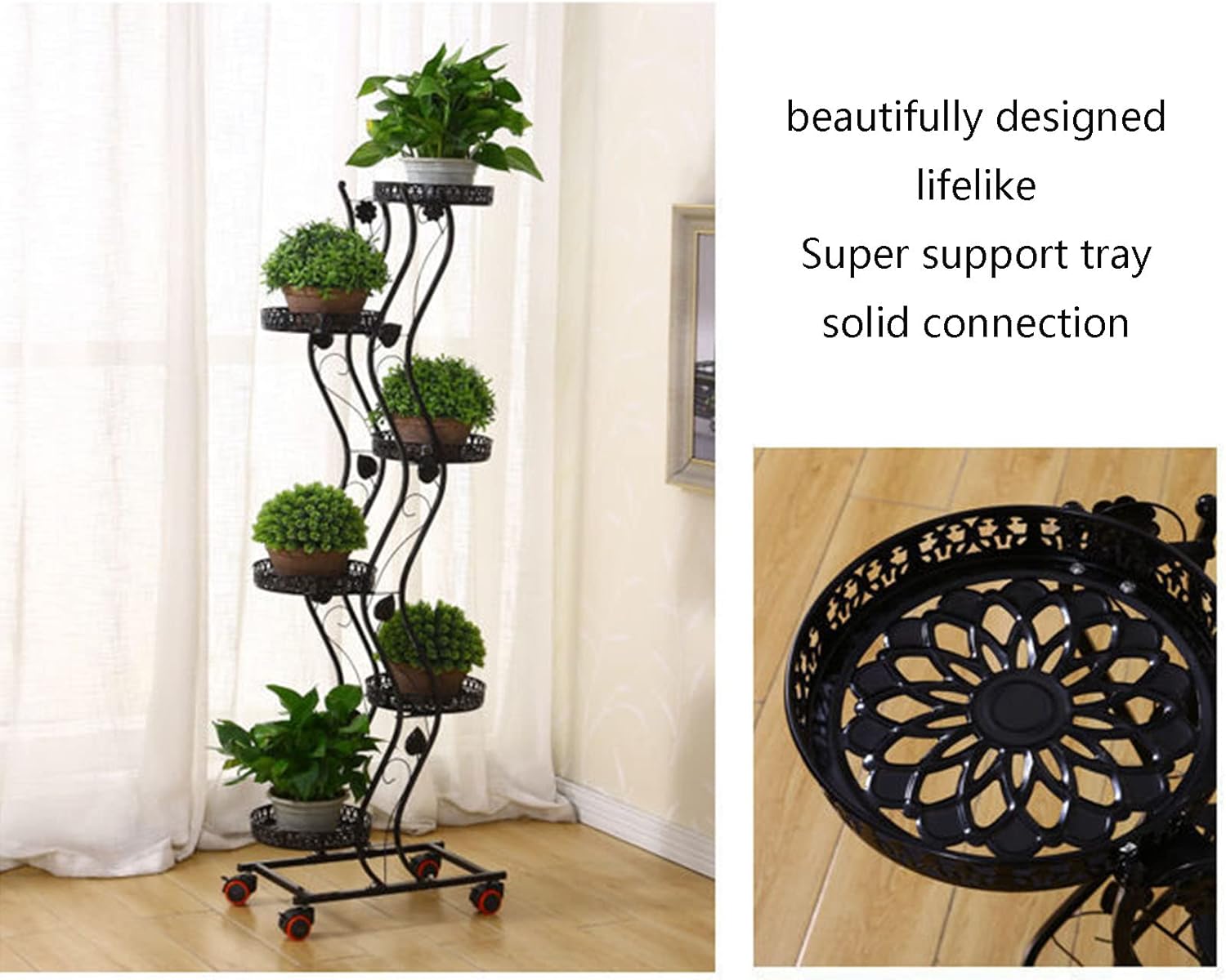 6 Tier Metal Plant Stand Indoor Outdoor, Vertical Tall Planter Display Corner Shelf With Wheels, Multiple Plant Rack For Garden Patio Lawn Balcony