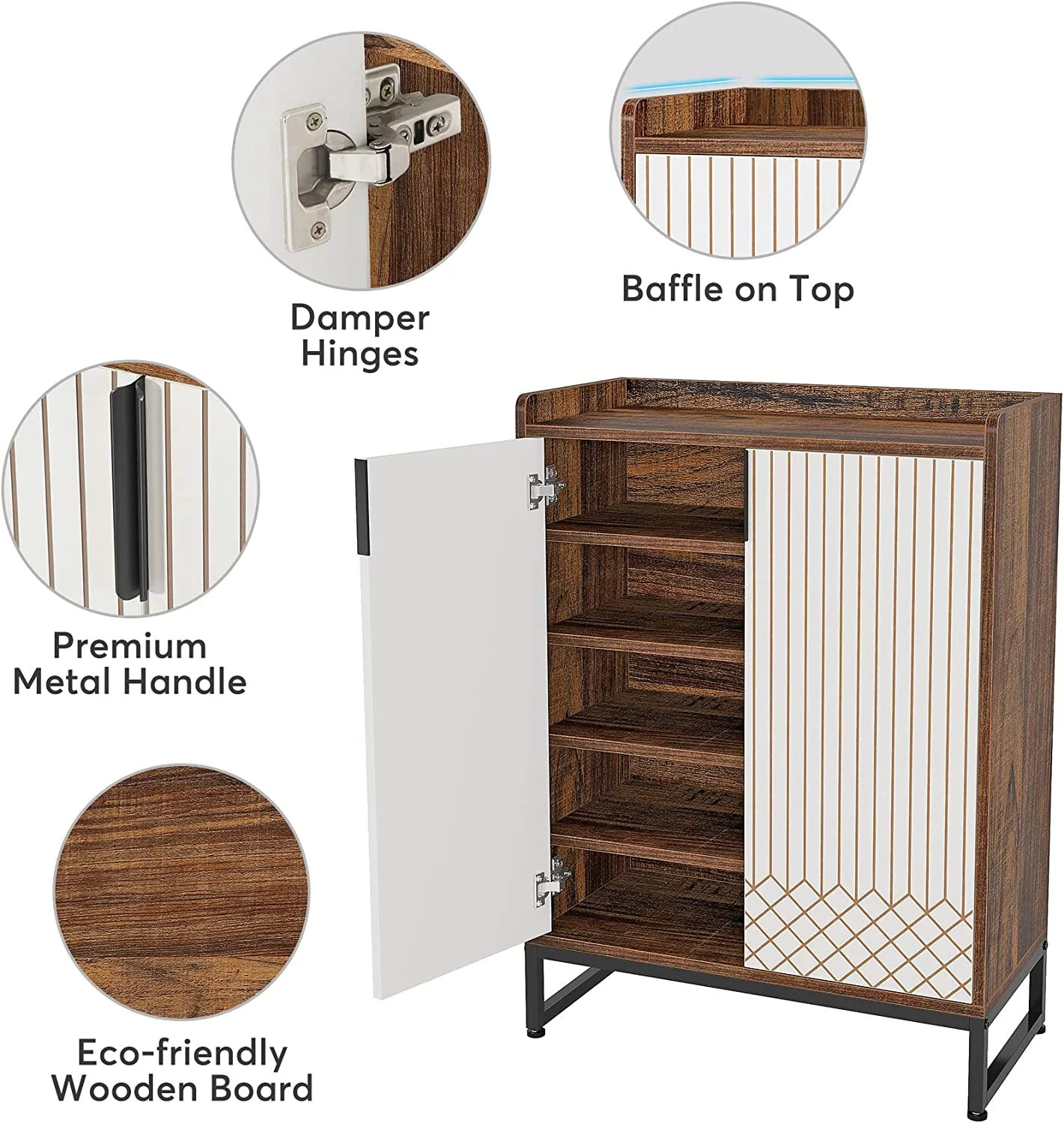 Tribesigns 25 Pairs Shoe Cabinet with Doors,Modern Shoe Cabinet for Entryway, Wood 5-Tier Shoe Organizer, Freestanding Brown Shoe Storage Cabinets with Black Metal Frame for Bedroom Living Room