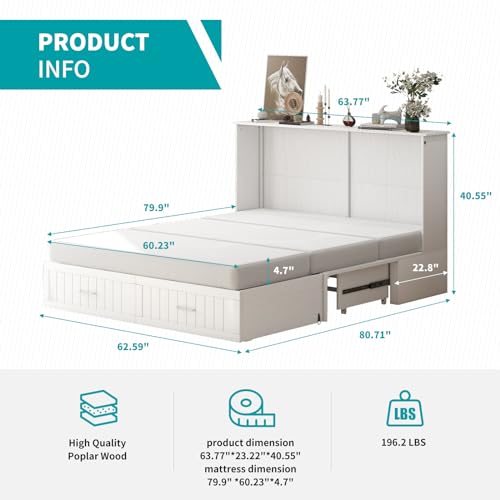 BALUS 64" W Murphy Bed Cabinet with Mattress,Murphy Bed Queen,Modern Muti-Functional Cube Cabinet Bed 2 Large Drawers&3 Level Folding Foam Mattress for Living Room/Apartment/Loft (Stone Grey)