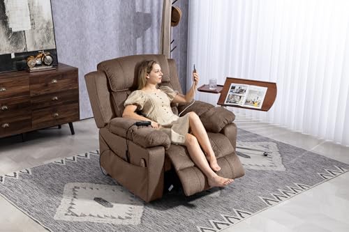 Light Grey Recliner Chair for Elderly | Tall and Big Man 400lbs | Chenille | Power Lift, Lay Flat, Stand Up, Wireless Charging Device, Extended Footrest, Massage Heat, Cup Holder, Lumbar Pillow