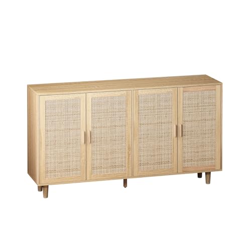 Sideboard Buffet Cabinet with Storage, Storage Cabinet with 4 Rattan Doors, Accent Cabinet with Iron Framework Feet, Sideboard Wooden Console Cabinets for Living Room, Kitchen (Natural)