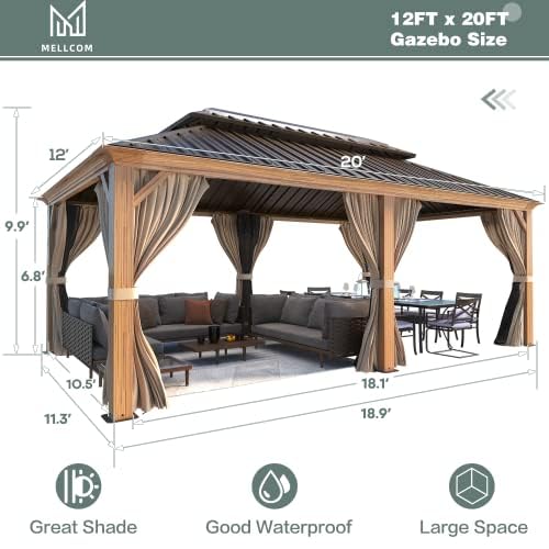 MELLCOM 12'x16' Hardtop Gazebo, Galvanized Steel Metal Double Roof Canopy with Curtains and Netting, Brown Permanent Pavilion Gazebos with Aluminum Frame for Garden, Patio, Lawns, Deck