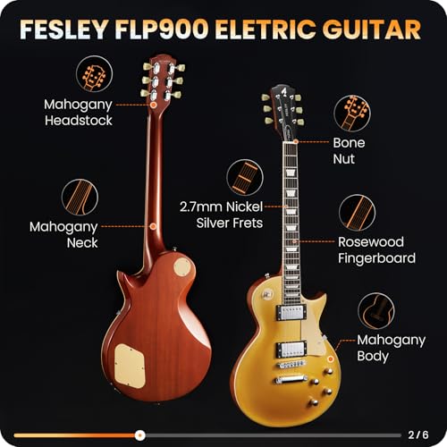 Fesley LP Electric Guitar with Arched Top:39" Solid Body Electric Guitars with Mahogany Body and Rosewood Fretboard,Electric Guitar with Humbucker Pickups, Guitarra Eléctrica with Alice String,Gold