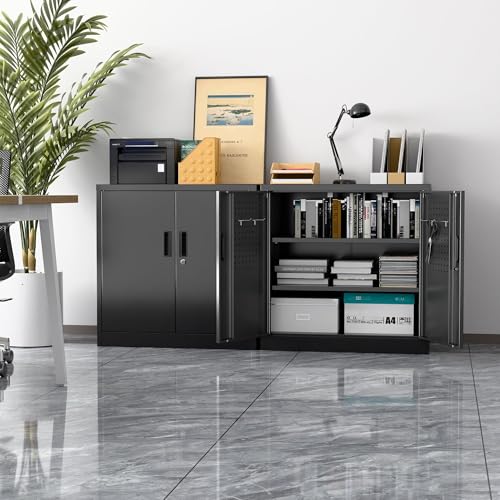 Aobabo Garage Storage Cabinet with Wheels,72" H Metal Storage Cabinet with 2 Doors and 4 Adjustable Shelves for Garage Home, Black,Required-Assembly